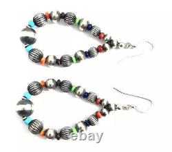 Native American Navajo Hand Made Pearls Beads And Multicolored Dangle Earring