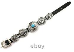 Native American Navajo Handmade Sterling Silver Concho Turquoise Leather Bracele