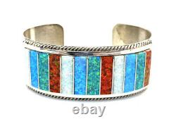 Native American Sterling Silver Hand Made Zuni Multicolored Opal Cuff Bracelet