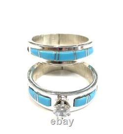 Native American Sterling Silver Navajo Handmade Turquoise Wedding Set Size 7.25