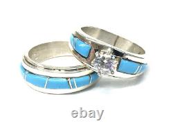 Native American Sterling Silver Navajo Handmade Turquoise Wedding Set Size 7.25