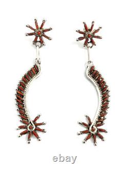 Native American sterling silver Zuni Handmade Coral dangle earring