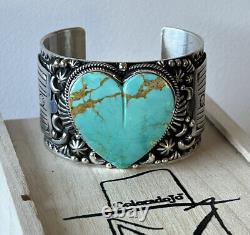 Navajo Handmade Tsosie White Sterling Kingman Turquoise Heart Cuff Signed