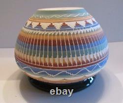 Navajo Multi Colored Hand Made Pot Pottery Colorful 2007 Signed USA