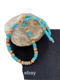 Navajo Sterling Silver Blue Turquoise Spiny Oyster Necklace 01696