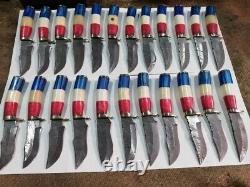 Nice USA FLAG hand made Damascus steel lot of 6 50pcs Hunting knives. (NE-4008)