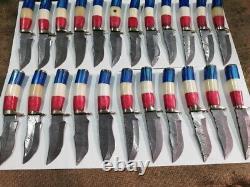 Nice USA FLAG hand made Damascus steel lot of 6 50pcs Hunting knives. (NE-4008)