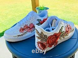 Nike Air Force 1 07 Low Men Red White Rose Flower Floral Custom Shoes Size 12