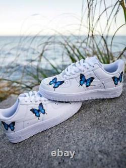 Nike Air Force 1 Low Blue Medium Butterfly Design White Custom Shoes All Size
