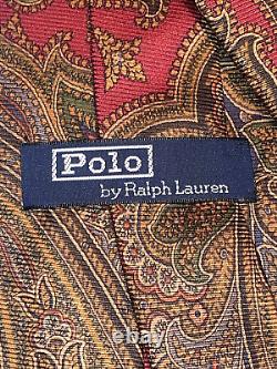 RALPH LAUREN POLO NECKTIE 100% SILK Hand Made USA, AUTHENTIC, Gold, Red Luxury