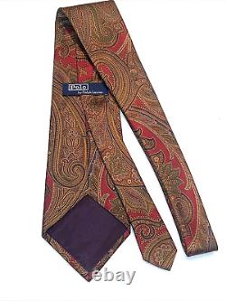 RALPH LAUREN POLO NECKTIE 100% SILK Hand Made USA, AUTHENTIC, Gold, Red Luxury