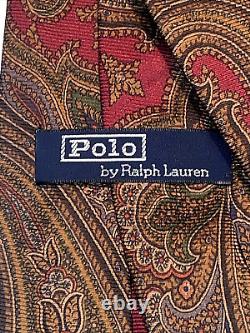 RALPH LAUREN POLO NECKTIE 100% SILK Hand Made USA, AUTHENTIC, Gold, Red Luxury