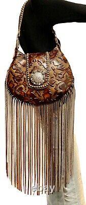 Raviani New Western Hobo Long Fringe Bag WithBrn Embossed Leather MADE IN USA