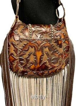 Raviani New Western Hobo Long Fringe Bag WithBrn Embossed Leather MADE IN USA