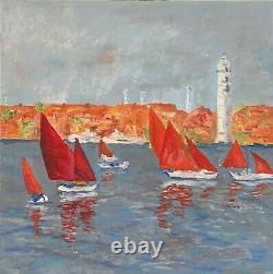 Red Yachts. Oil on canvas. Unique Handmade Paintings on canvas