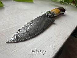 Rockin H Cutlery Handmade Damascus Steel Hunting Knife withCamelbone, Made in USA