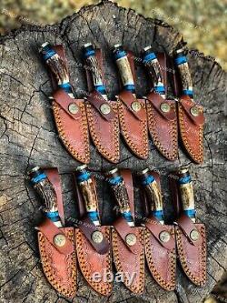 Set of 20 Custom Handmade Damascus Steel 6 Stag Horn Camping Knives From USA