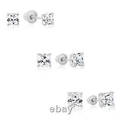Set of 3! 14K Real Solid Gold Princess-Cut CZ Sleeper Studs Earrings Screw-back