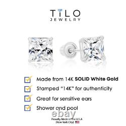 Set of 3! 14K Real Solid Gold Princess-Cut CZ Sleeper Studs Earrings Screw-back