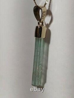 Signed Solid 10k Yellow Gold Blue Green Tourmaline Crystal Pendant Made In USA