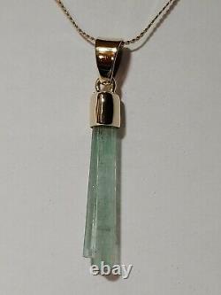 Signed Solid 10k Yellow Gold Blue Green Tourmaline Crystal Pendant Made In USA