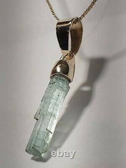 Signed Sp Solid 10k Yellow Gold Blue Tourmaline Crystal Pendant. Handmade In USA