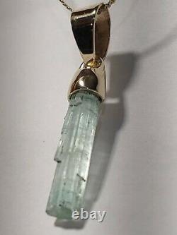 Signed Sp Solid 10k Yellow Gold Blue Tourmaline Crystal Pendant. Handmade In USA