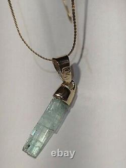 Signed Sp Solid 10k Yellow Gold Blue Tourmaline Crystal Pendant. Handmade In USA