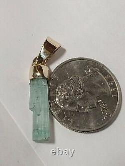 Signed Sp Solid 10k Yellow Gold Blue Tourmaline Crystal Pendant. Handmade In USA