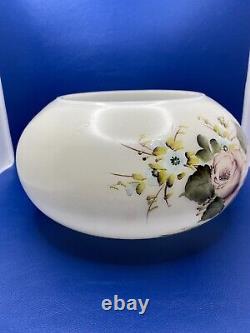 Signed White Bristol Glass Floral Roses Hand Painted Glass Bowl Vase Insert