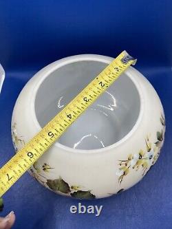 Signed White Bristol Glass Floral Roses Hand Painted Glass Bowl Vase Insert