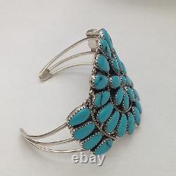 Sterling Silver Navajo Handmade Large Cluster Turquoise & Coral Cuff Bracelet