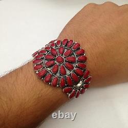 Sterling Silver Navajo Handmade Large Cluster Turquoise & Coral Cuff Bracelet