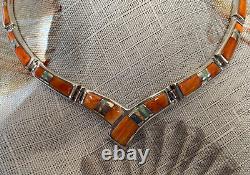 Sterling Silver Necklace & Earrings Spiny Oyster Inlay Crafted By Calvin Begay