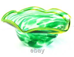 Studio Art Glass Hand Blown 13 SERVING BOWL Green Swirl Yellow Band Ruffle Rim