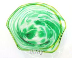 Studio Art Glass Hand Blown 13 SERVING BOWL Green Swirl Yellow Band Ruffle Rim