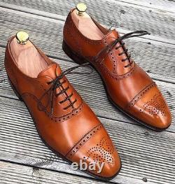 Tailor Made Brown Leather Oxford Toe Cap Brogue Lace Up Handmade Dress Men Shoes