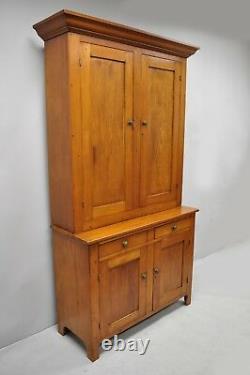 Tall Antique19th Century Pine Wood Blind Doors Step Back Cupboard Hutch Cabinet