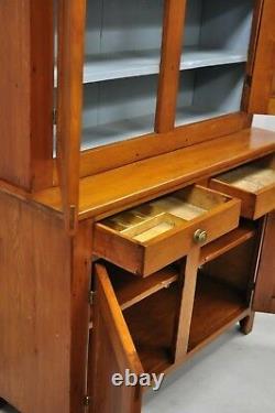 Tall Antique19th Century Pine Wood Blind Doors Step Back Cupboard Hutch Cabinet