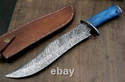 USA-AUK-885 Custom Handmade Damascus Steel Bowie Hunting Knife CAMEL BONE