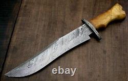 USA-AUK-890 Custom Handmade Damascus Steel Bowie Hunting Knife OAK WOOD