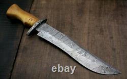 USA-AUK-890 Custom Handmade Damascus Steel Bowie Hunting Knife OAK WOOD