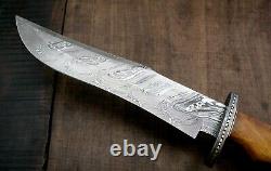 USA-AUK-890 Custom Handmade Damascus Steel Bowie Hunting Knife OAK WOOD