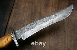 USA-AUK-890 Custom Handmade Damascus Steel Bowie Hunting Knife OAK WOOD