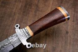 USA-AUK-900 Custom Handmade Damascus Steel Bowie Hunting Knife MARANTI WOOD