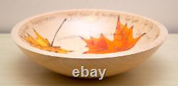 USA-Made Hand-Turned 10 Natural-Finish Wood Wish Bowl with Autumn Leaves