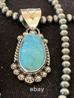 USA Mens Navajo Pearls Sterling Blue Kingman Turquoise Necklace Pendant 839