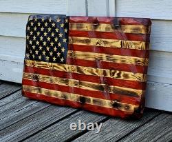 Union Made USA Hand Crafted Solid Pine Wood Rustic American Flag Decor 24x13