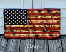 Union Made USA Hand Crafted Solid Pine Wood Rustic American Flag Decor 24x13