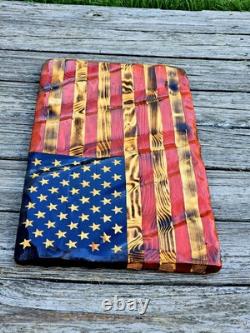 Union Made USA Hand Crafted Solid Pine Wood Rustic American Flag Decor 24x13